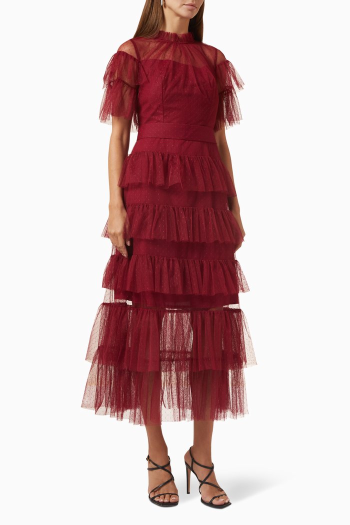 

Tiered Midi Dress in Dotted-tulle, Red