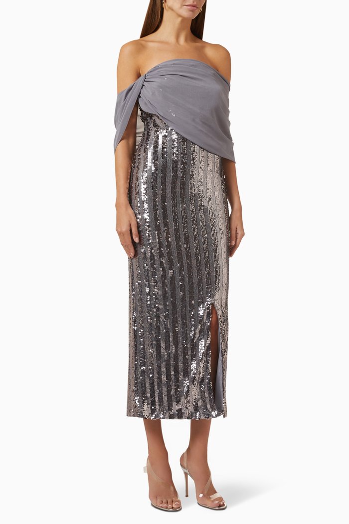 

Off-shoulder Midi Dress in Sequin, Grey