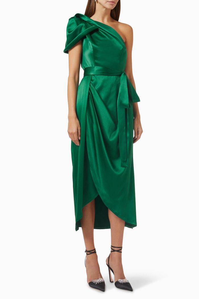 

One-shoulder Midi Dress in Satin, Green
