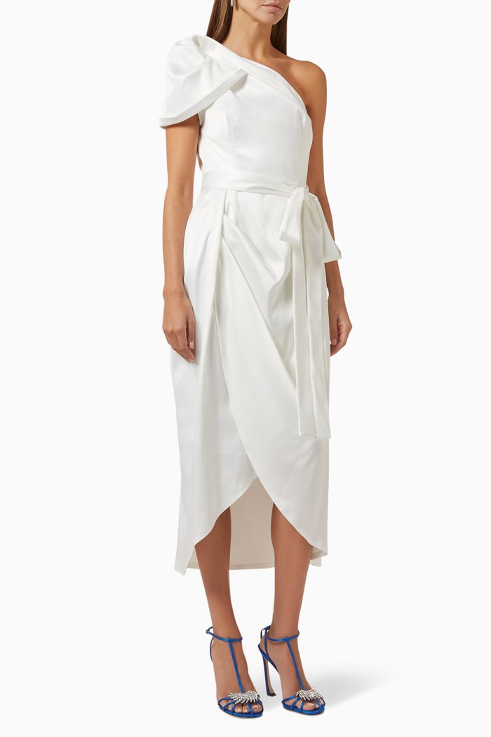 One-shoulder Midi Dress in Satin, Neutral