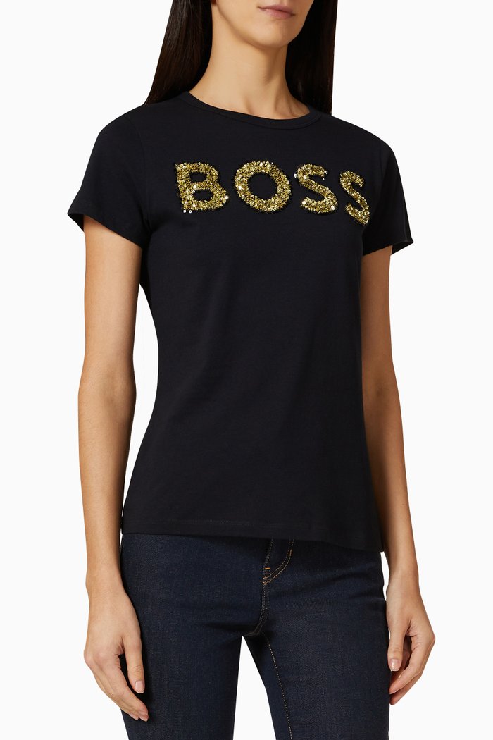 

Sequin-embellished Logo T-shirt in Cotton Jersey, Black