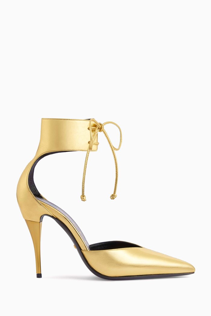 

Priscilla Ankle-tie 105mm Pumps in Metallic Leather, Gold