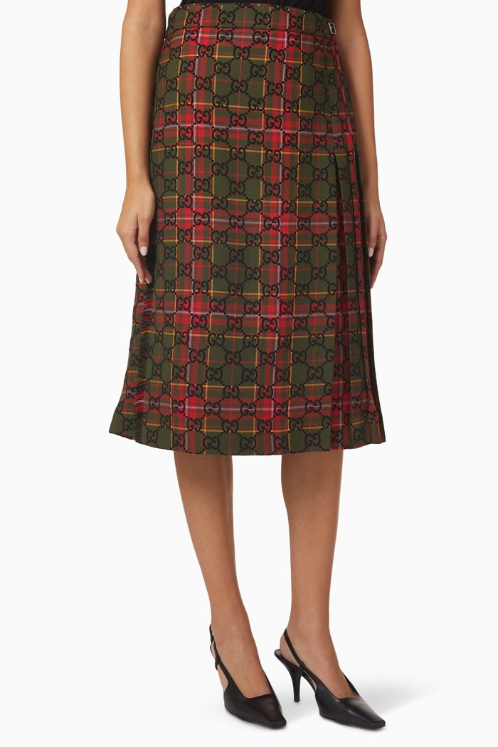 Embroidery Midi Skirt in Tartan Wool, Multicolour