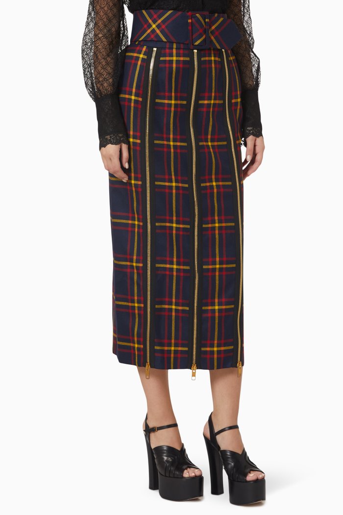 Zipper Midi Skirt in Tartan Wool, Blue