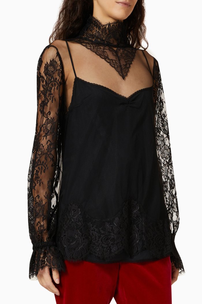 

Lace & Tulle Blouse in Polyamide, Black