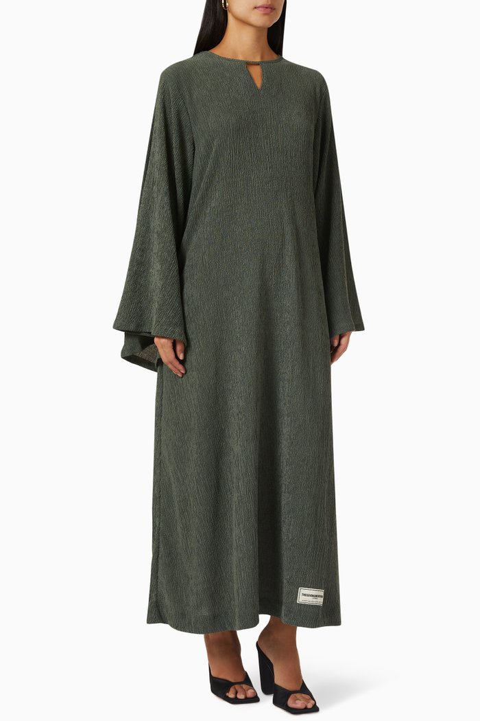 

Modest Frill-sleeve Maxi Dress in RE-CRINK100©, Brown