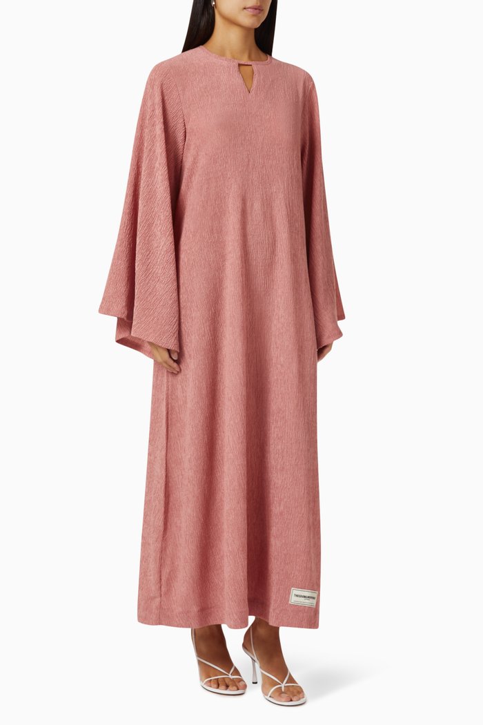 

Modest Frill-sleeve Maxi Dress in RE-CRINK100©, Pink