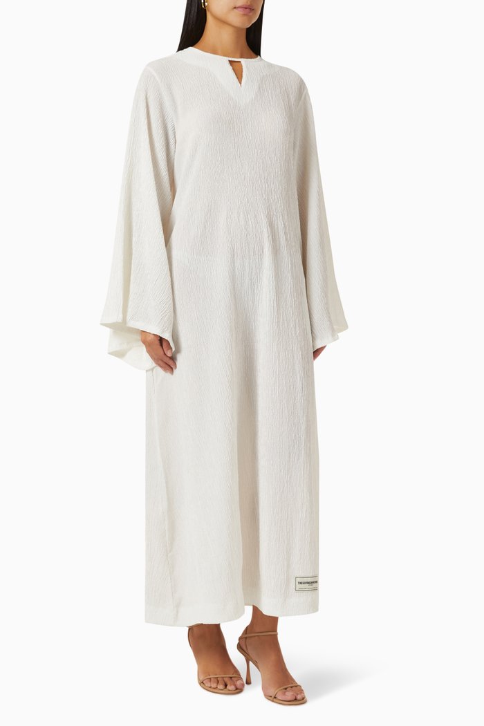 

Modest Frill-sleeve Maxi Dress in RE-CRINK100©, Neutral
