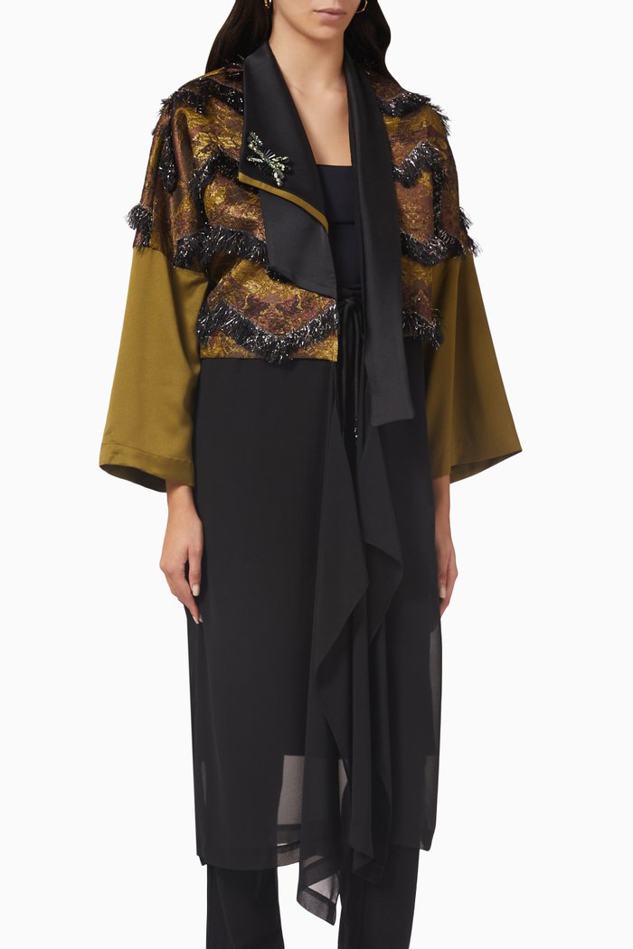 

Fringe-trimmed Embellished Jacquard Jacket, Green