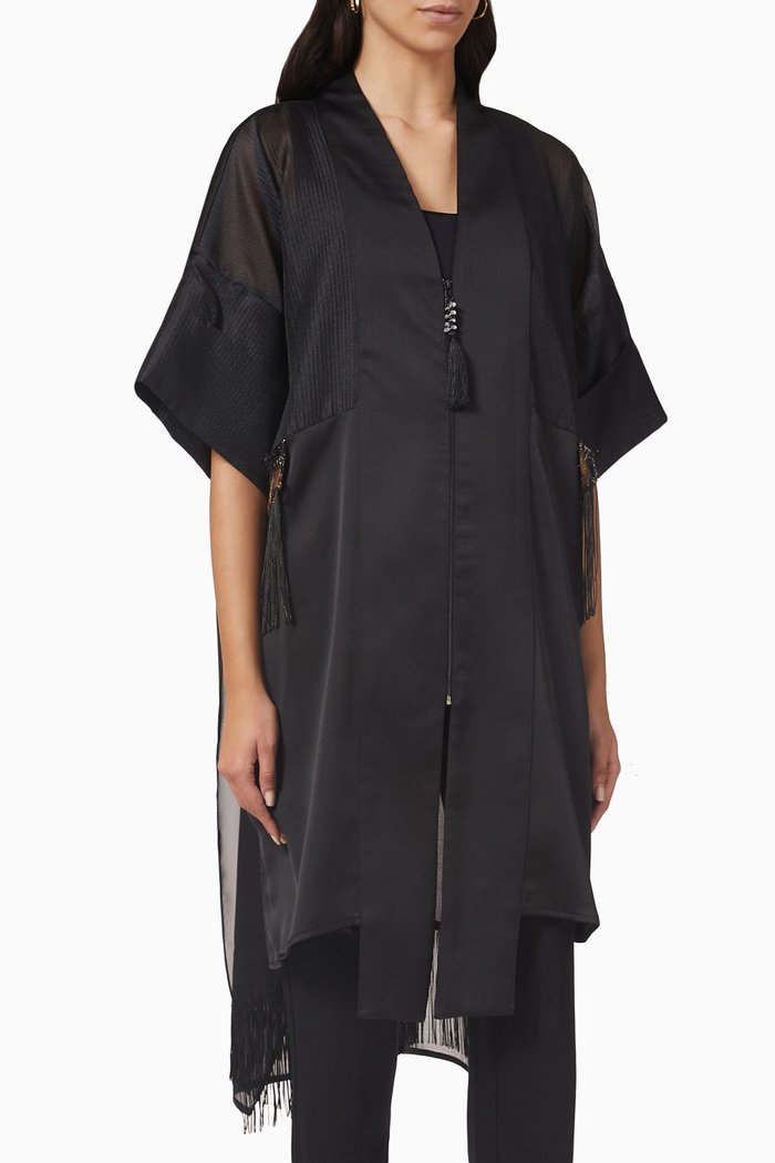 

Fringe-trimmed Zip-up Long Jacket in Satin, Black
