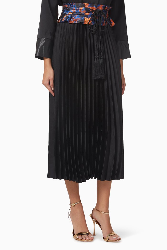 

Pleated High-waist Midi Skirt, Black