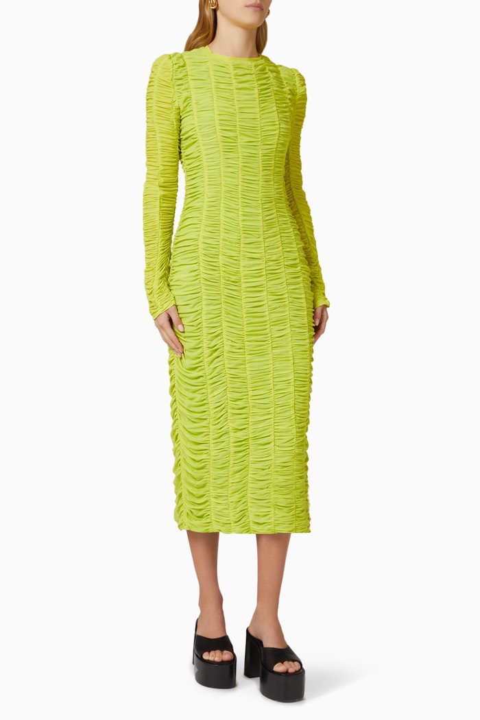 

Tati Ruched Midi Dress in Mesh, Green
