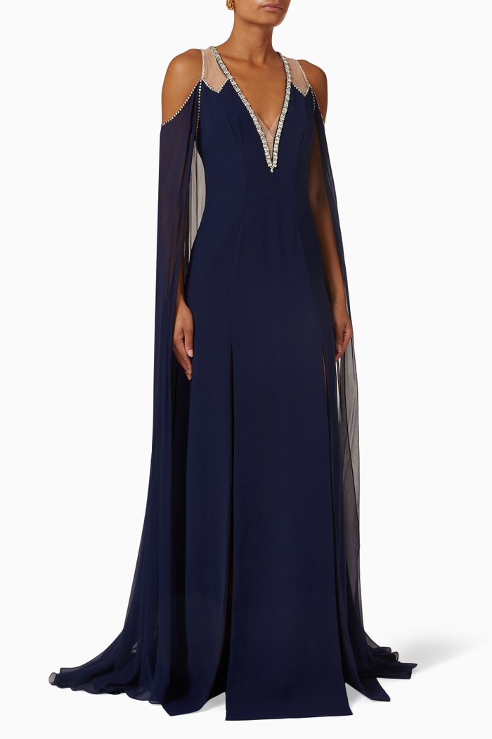 

Vivien Cape Gown in Crêpe & Chiffon, Blue