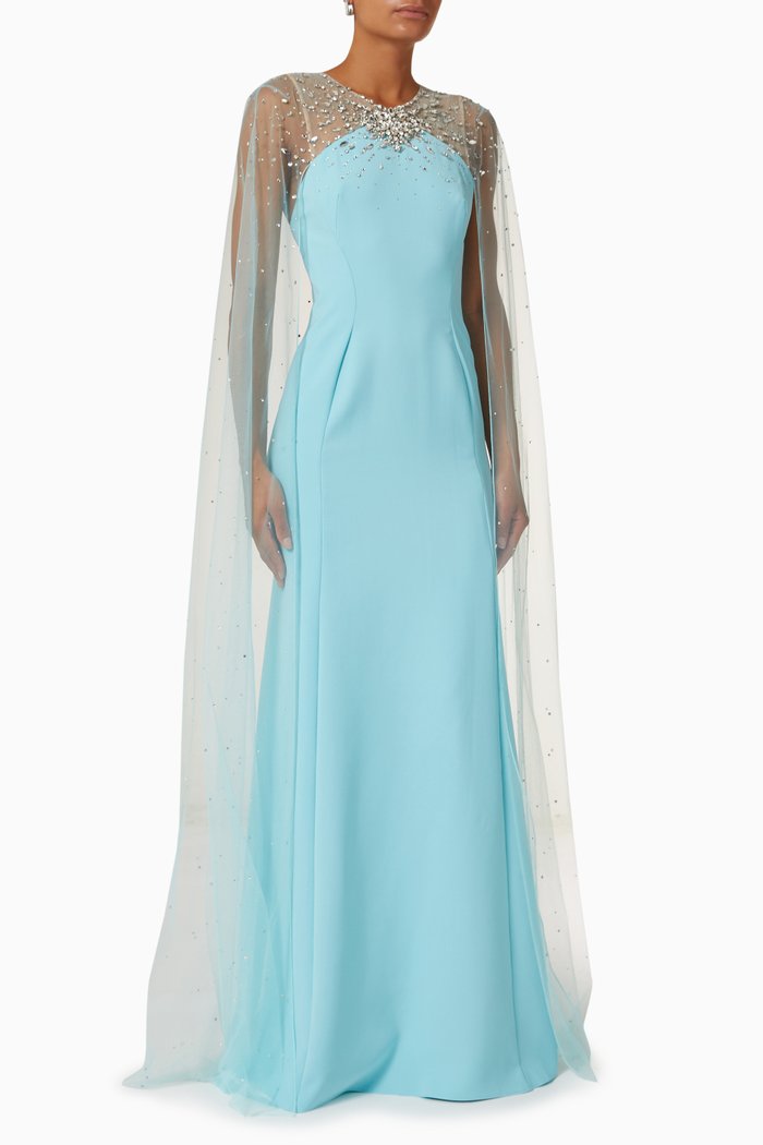 

Wren Cape Gown in Crêpe & Tulle, Blue