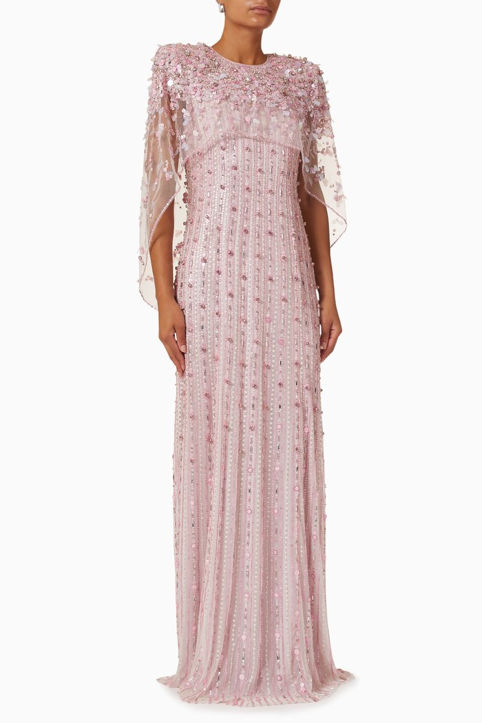 

Nettie Cape Gown in Sequin Bead Tulle, Pink