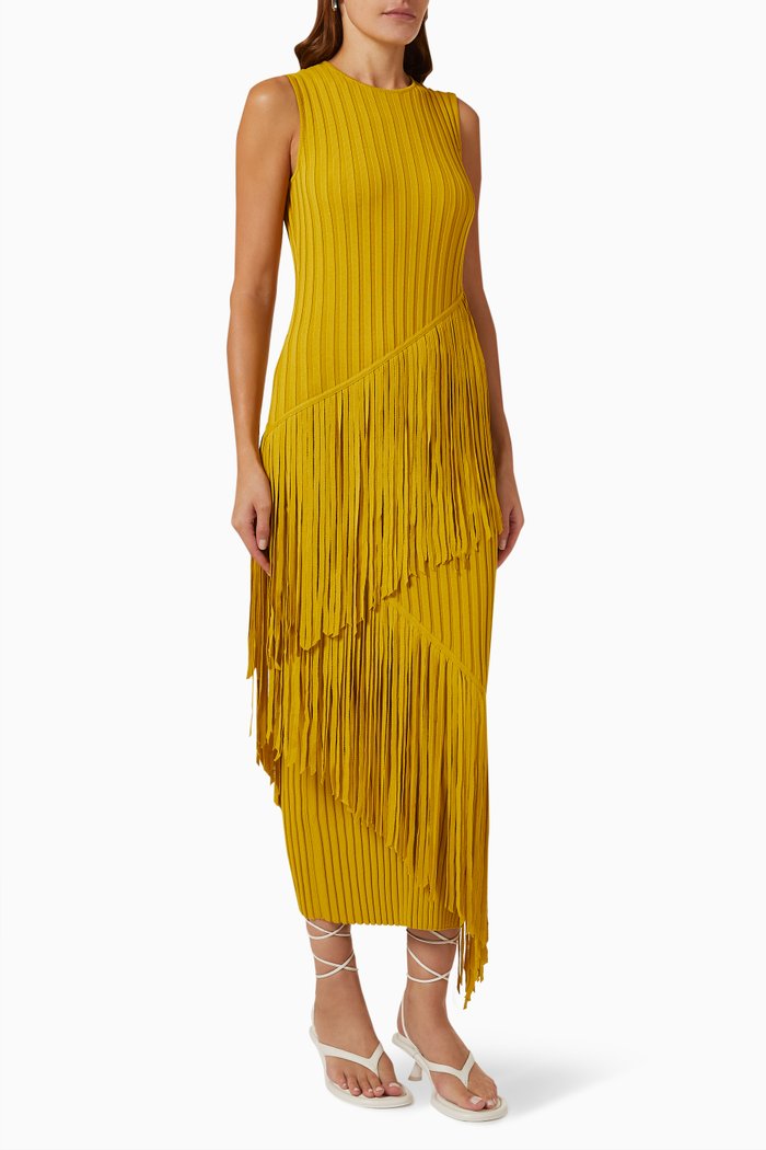 

Spiral Fringe Ribbed Maxi Dress in Viscose-knit, Yellow