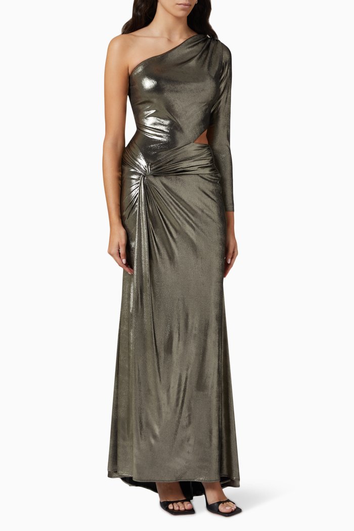 

One-shoulder Metallic Gown, Silver