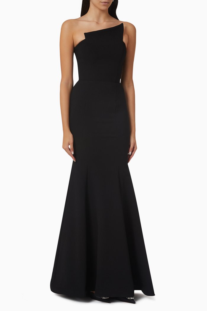 

Structured Strapless Gown in Pebbled Crepe, Black