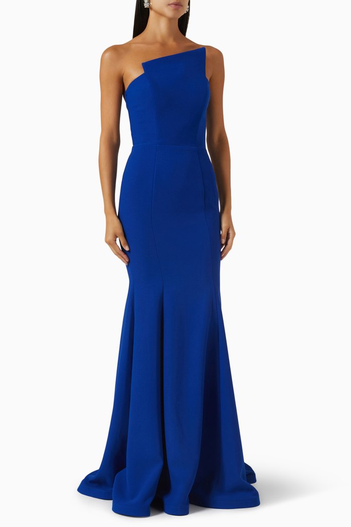 

Structured Strapless Gown in Pebbled Crepe, Blue