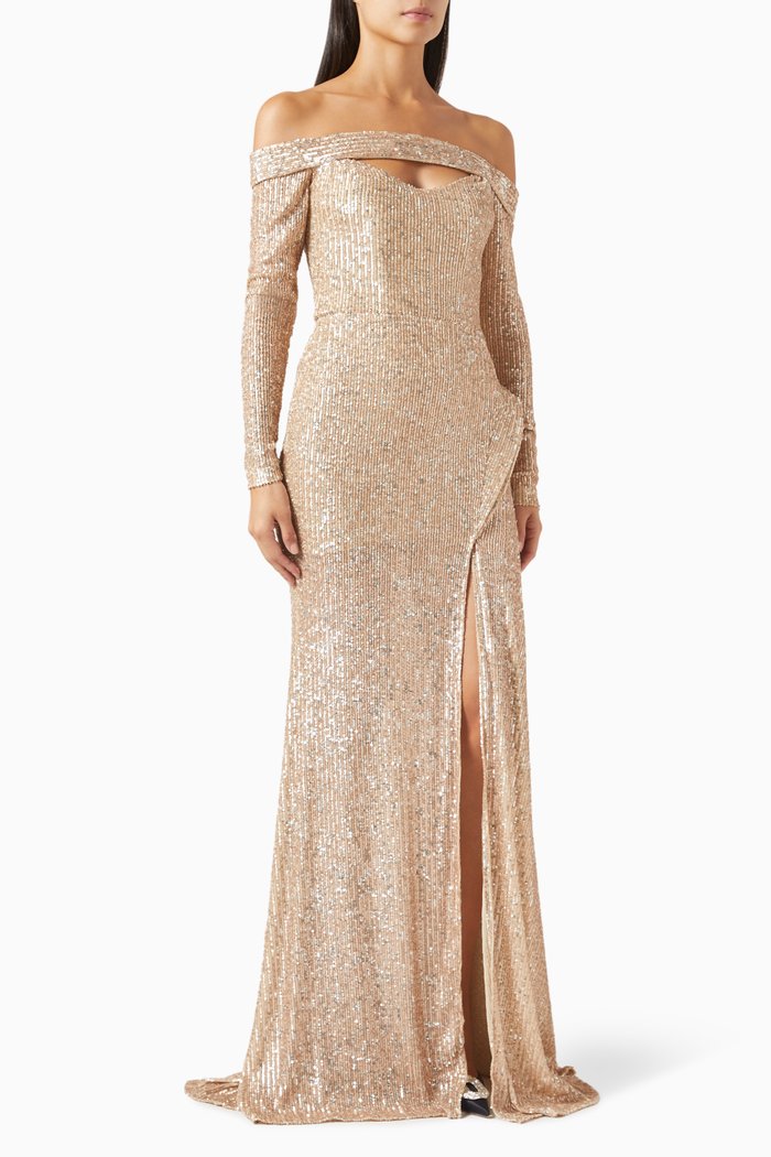 

Off-shoulder Sequinned Gown, Gold