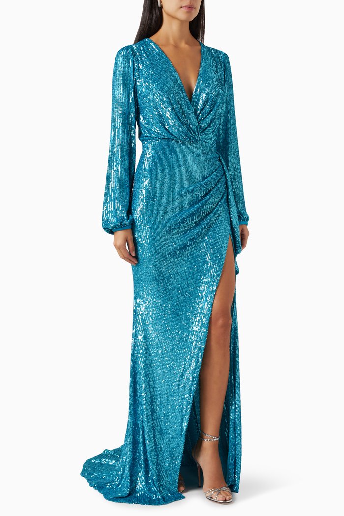 

V-neck Sequin-embellished Gown, Blue