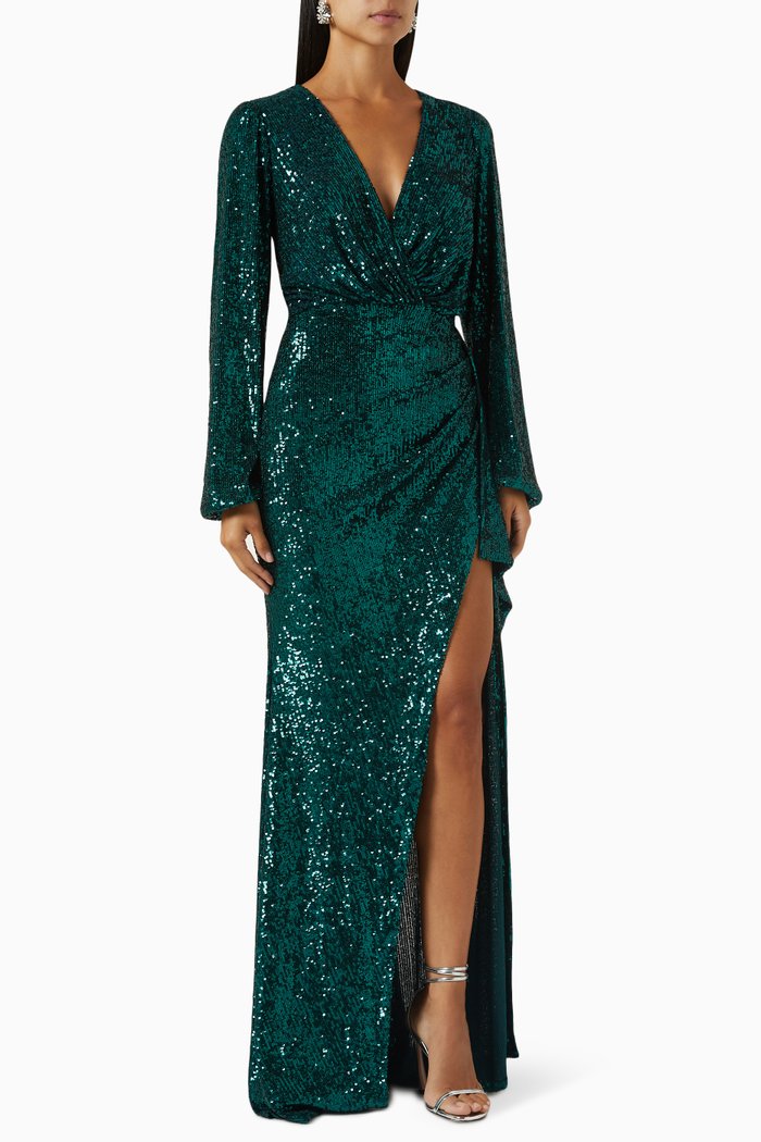 

V-neck Sequin-embellished Gown, Green