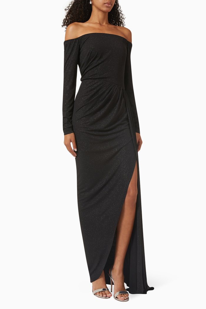 Off-Shoulder Gown in Stretch Crepe, Black