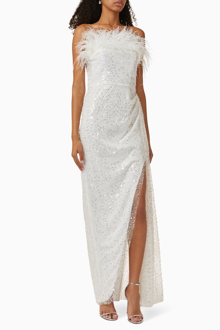 

Off-shoulder Embellished Gown in Tulle, White
