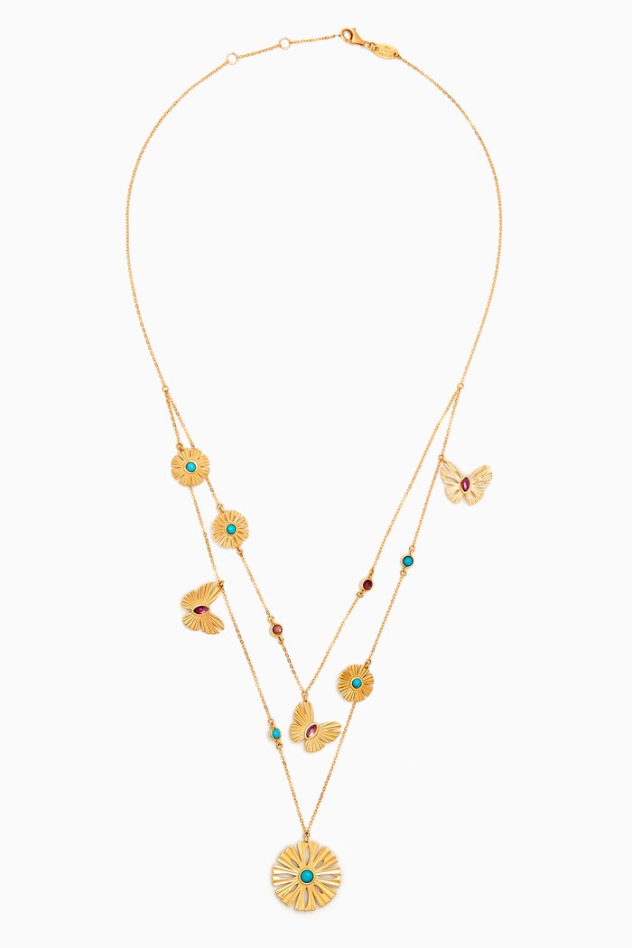 

Farfasha Sunkiss Multi Daisies & Butterflies Tiered Necklace in 18kt Yellow Gold