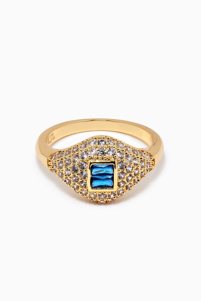 

CZ Pavé Crystal Pinky Signet Ring in 14kt Gold-plated Brass, Blue