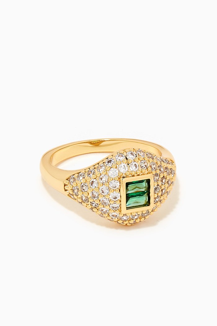 CZ Pavé Crystal Signet Ring in 14kt Gold-plated Brass, Green
