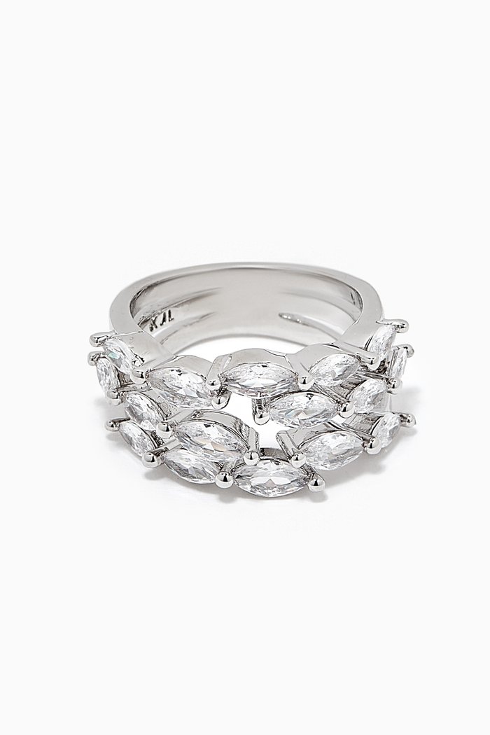 

CZ Triple-row Marquise Ring in Rhodium-plated Brass, Silver