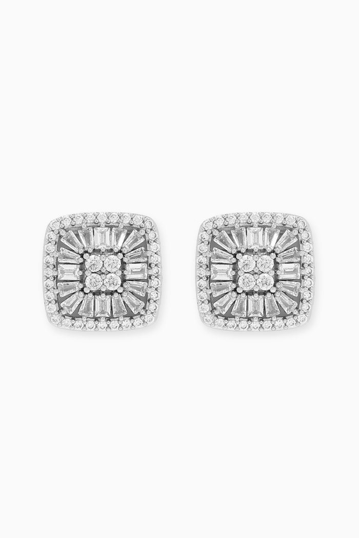 CZ Square Stud Earrings in Rhodium-plated Brass, Silver