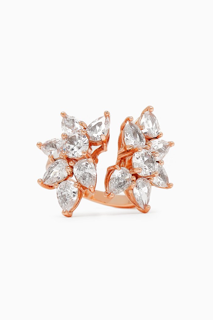 

CZ Pear-cut Cluster Open Ring in 18kt Rose-gold Plated Brass