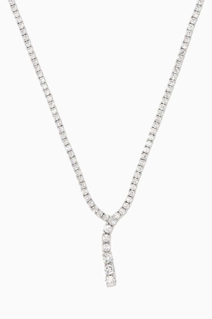 CZ Round-cut Drop Necklace in Rhodium-plated Brass, Silver