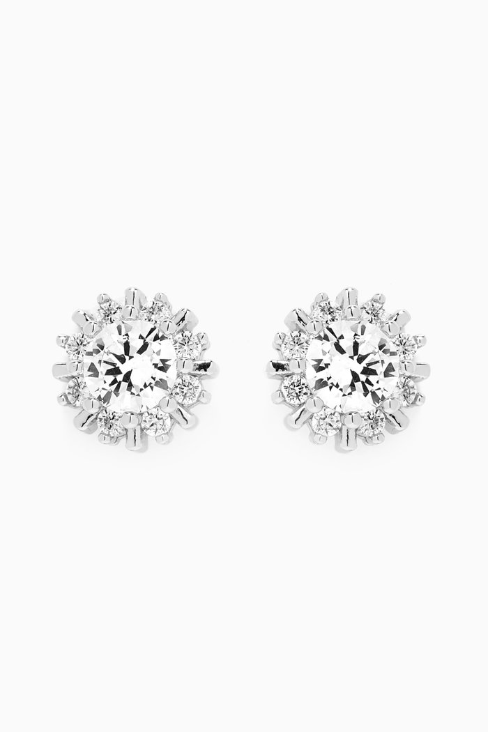 CZ Pinwheel Halo Stud Earrings in Rhodium-plated Brass, Silver