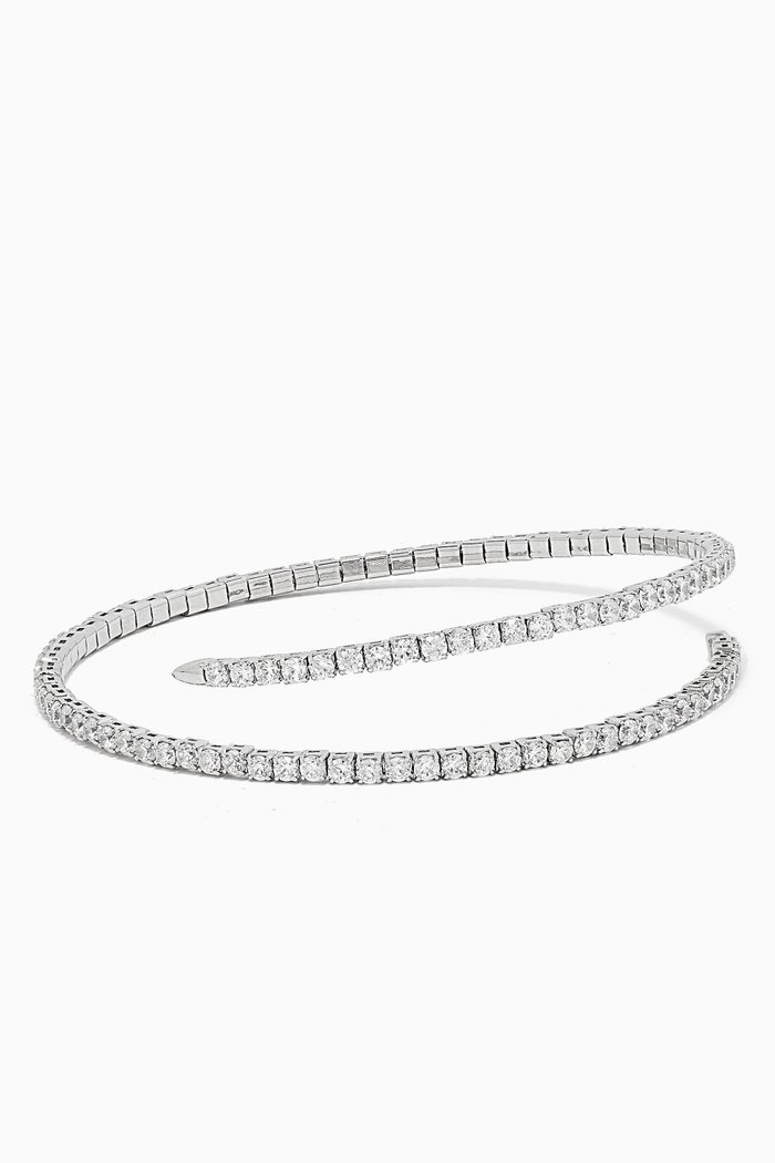 CZ Pavé Coil Open Bracelet in Rhodium-plated Brass, Silver