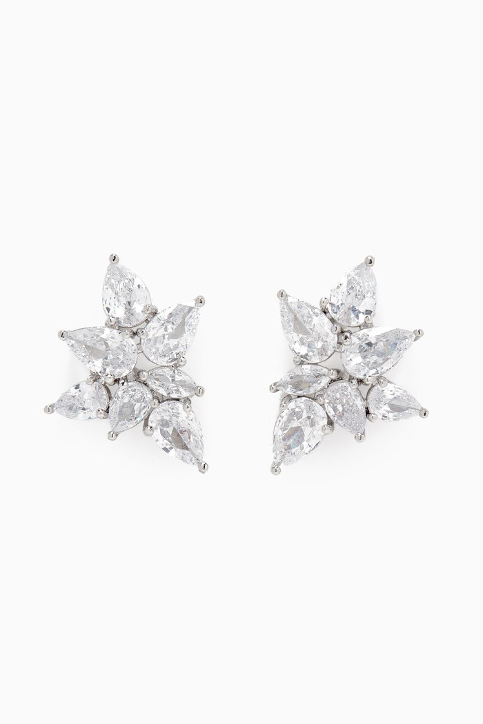 

CZ Pear-shape Cluster Stud Earrings in Rhodium-plated Brass, Silver