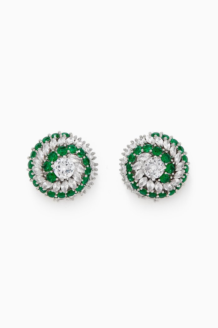 

CZ Pinwheel Crystal Stud Earrings in Rhodium-plated Brass, Green