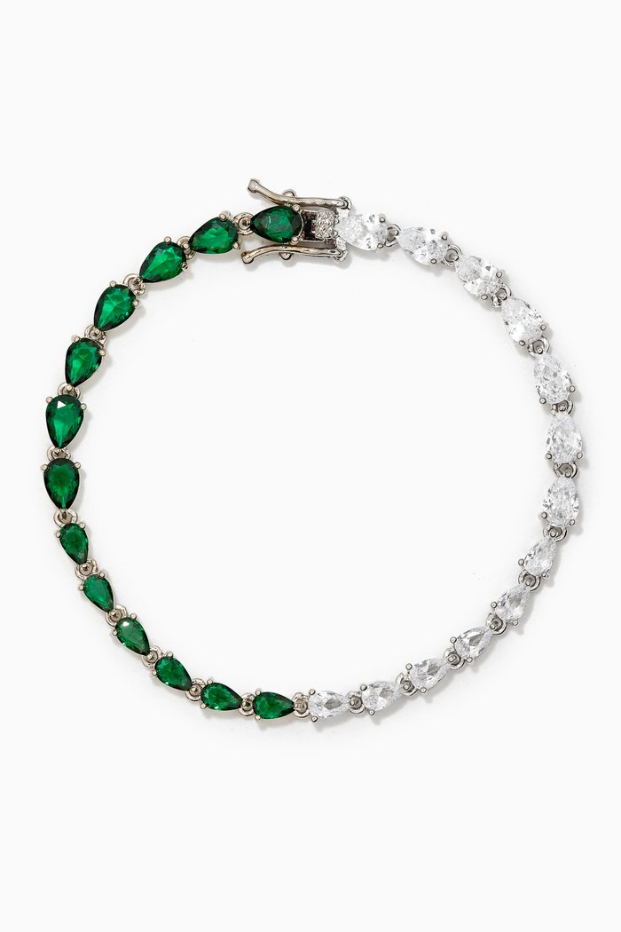 CZ Two-tone Pear-cut Tennis Bracelet in Rhodium-plated Brass, Green