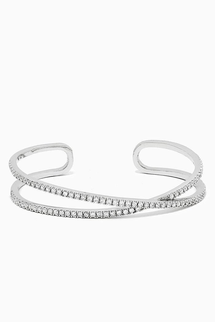 

CZ Criss-cross Pavé Open Bangle in Rhodium-plated Brass, Silver