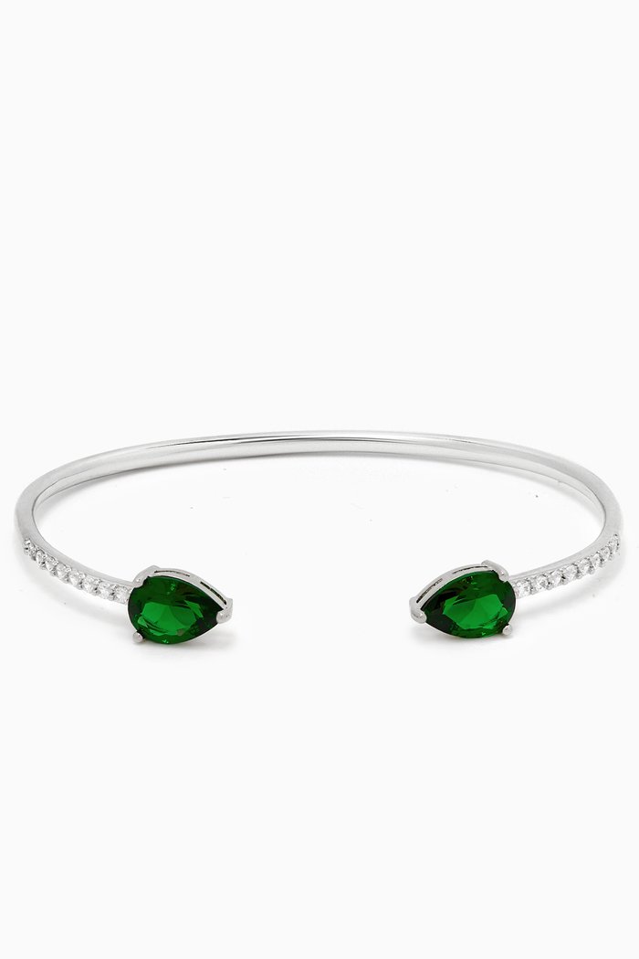 

CZ Pavé Pear-cut Open Cuff in Rhodium-plated Brass, Green