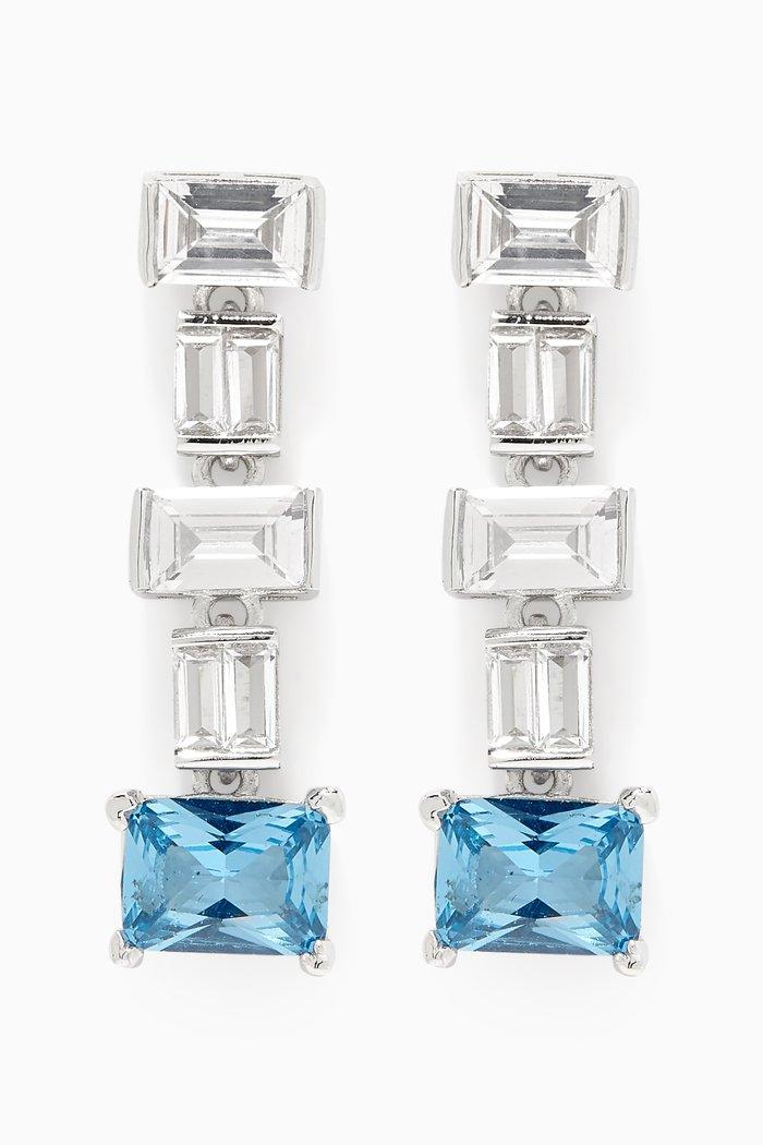 CZ Baguette-cut Crystal Drop Earrings in Rhodium-plated Brass, Blue