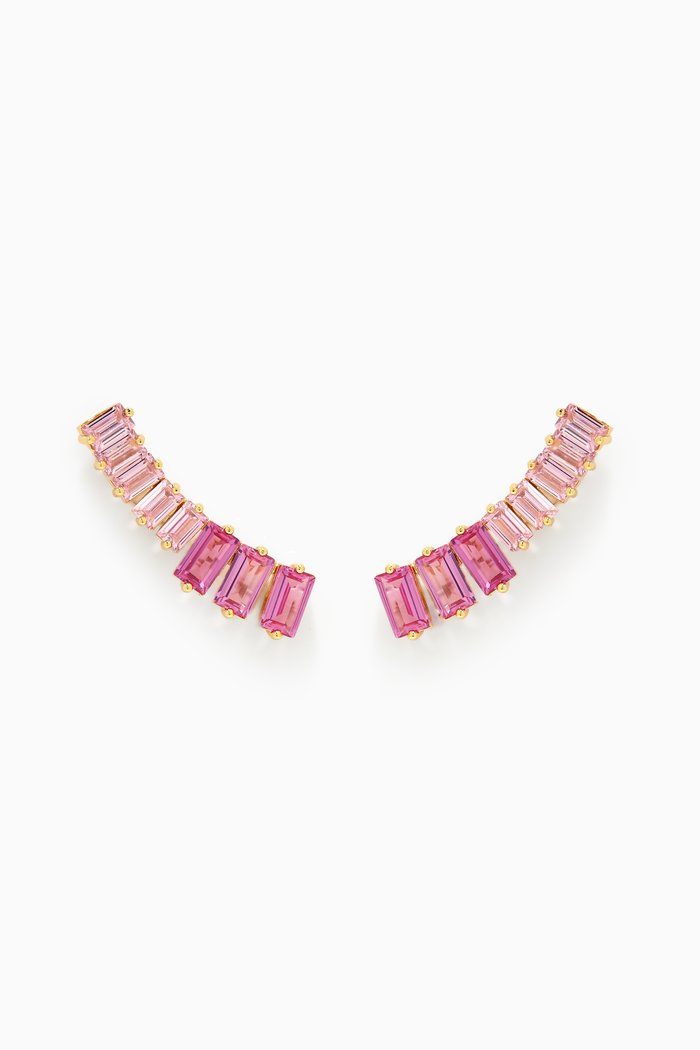 

CZ Baguette-cut Crawler Earrings in 14kt Gold-plated Brass, Pink