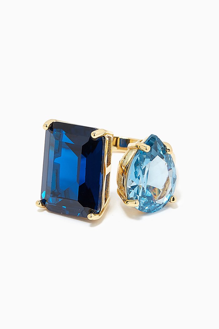 

CZ Pear & Emerald-cut Open Ring in 14kt Gold-plated Brass, Blue