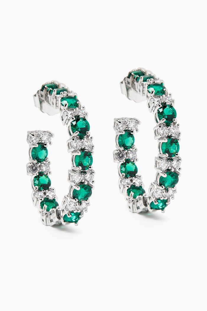 

CZ Round-cut Hoop Earrings in Rhodium-plated Brass, Green