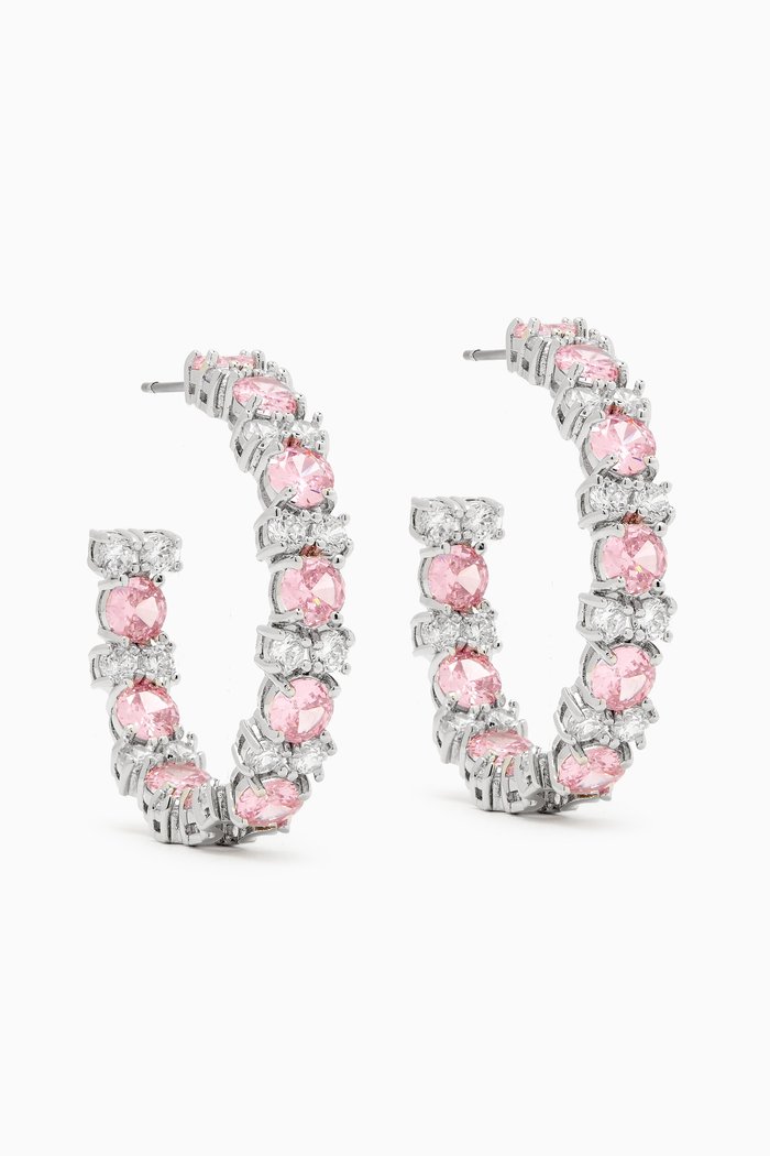 

CZ Round-cut Hoop Earrings in Rhodium-plated Brass, Pink
