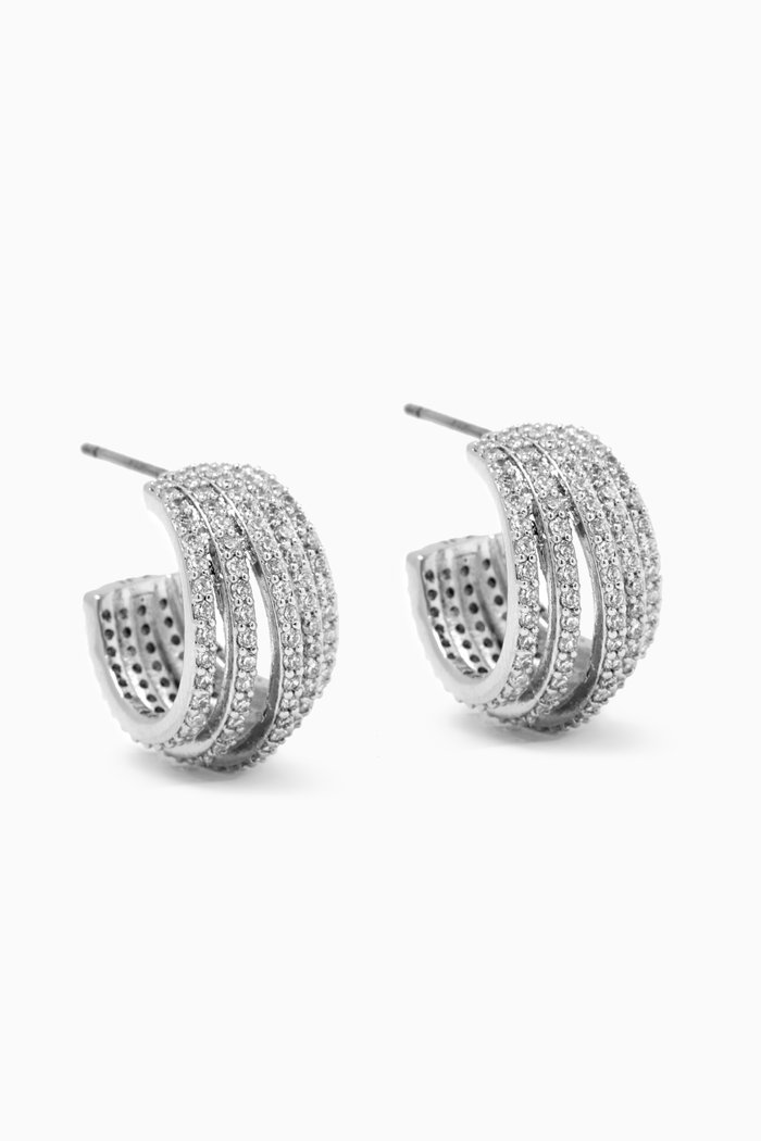 

CZ Pavé Curve Earrings in Rhodium-plated Brass, Silver