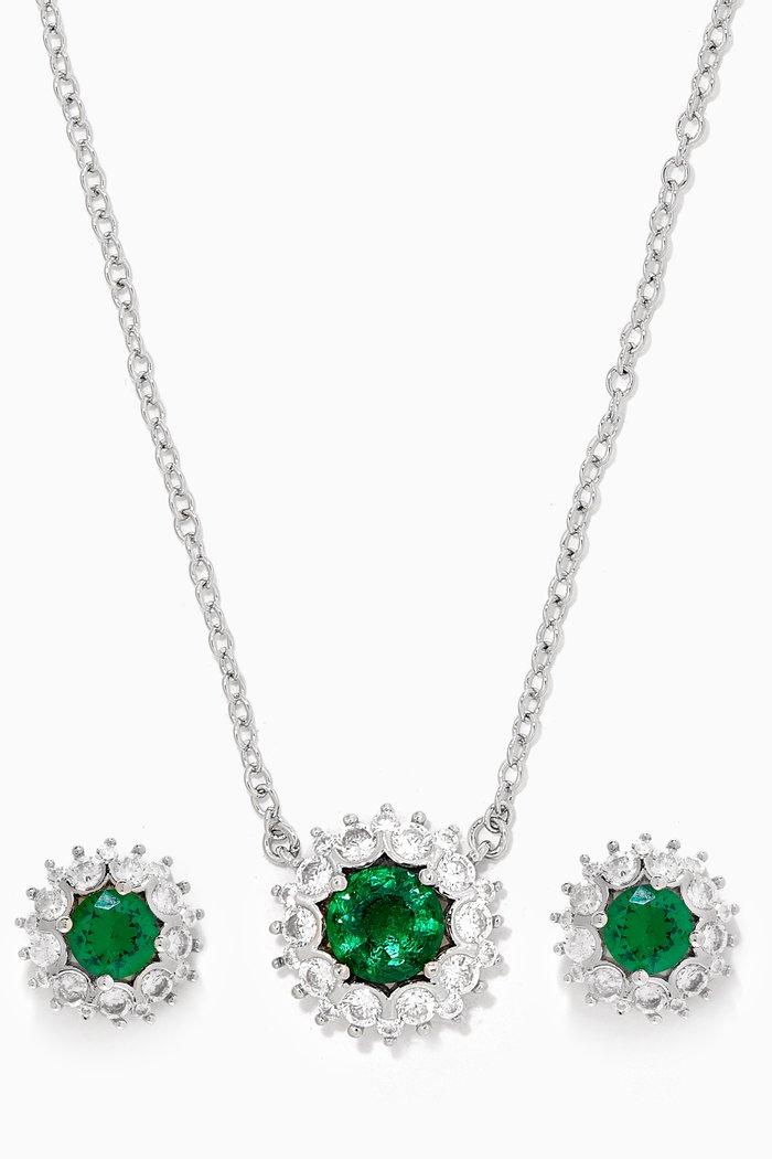 

Halo Necklace & Earrings Set in Rhodium-plated Brass, Green