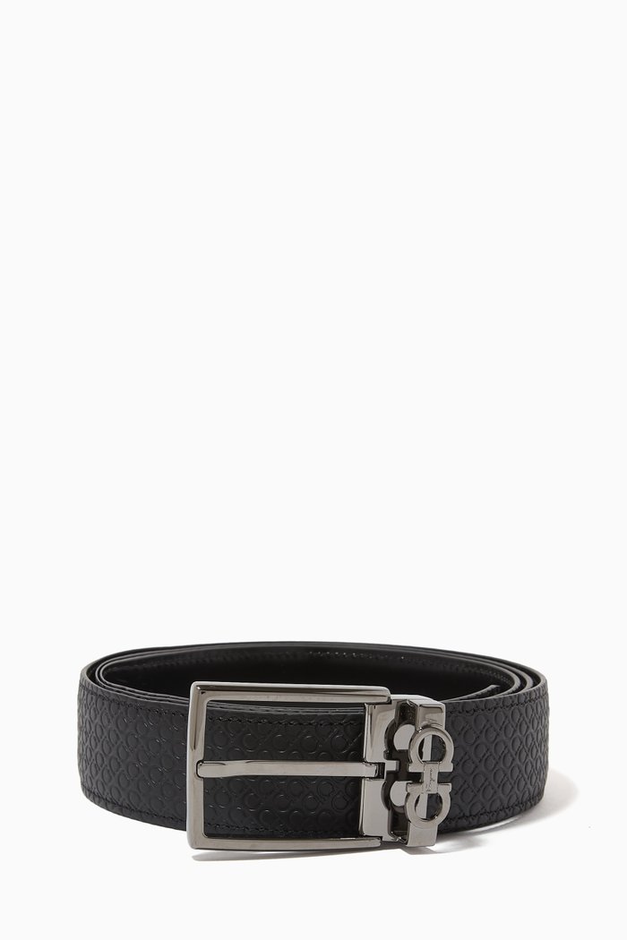 Logo Embossed Reversible Belt in Calf Leather, Black